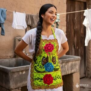 Mexican Embroidered Bib Apron for Women – Multicolor with Floral Design